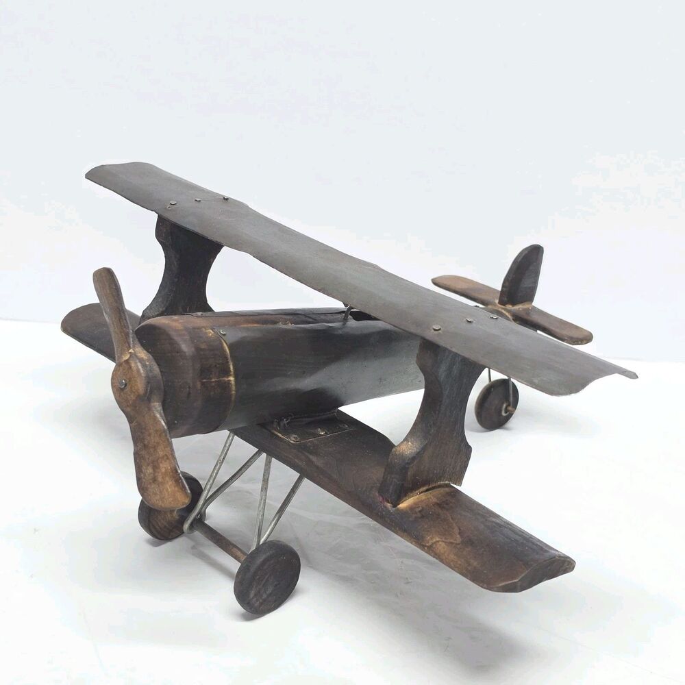 Vintage Handcrafted BiPlane Airplane Metal Wood Propeller Shelf Desk Model Toy